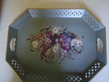 Vintage *NashCo* Hand Painted Tole Ware Large Metal Tray 8-Sided Pierced-Rim EUC