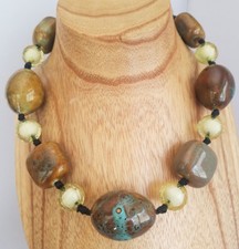 Mottled Ceramic Bead Necklace Brown Blue Faceted Green Bead Chunky Statement
