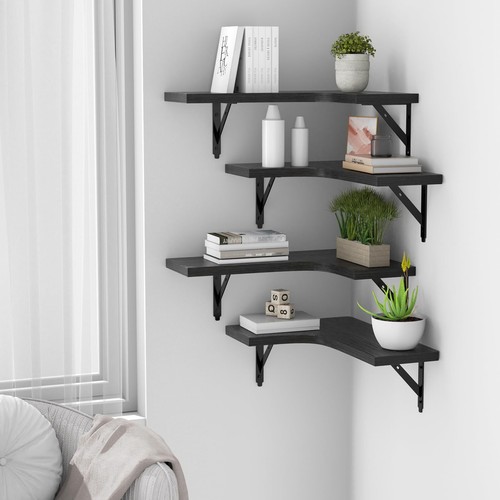 Corner Floating Shelves Wall Mounted Set of 4 Rustic Wood Storage Black - Picture 5 of 7