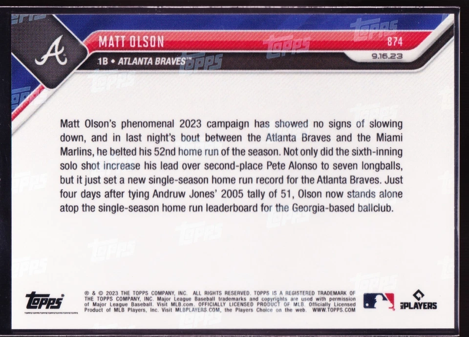 Matt Olson Breaks Andruw Jones Braves Record 52 HRs 2023 MLB Topps Now #874 Base - Image 2 of 2