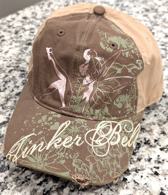 Disney Tinker Bell Ball Cap OSFM Distressed Brown Pink Embroidered Strapback EUC