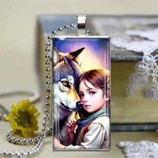 Fashionable And Creative Little Girl And Wolf Rectangular Pendant Necklace