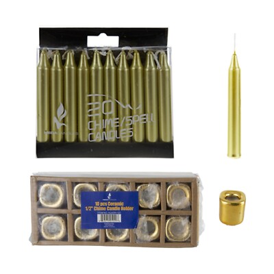 Mega Candles - Ceramic 1/2'' Chime / Spell Candle Holder with Candles - GoldSet