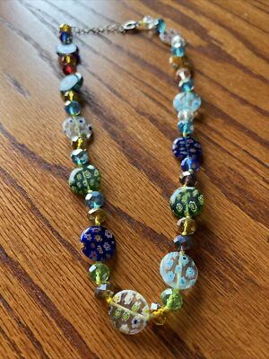 Multi-Colored Glass Beaded Necklace Flowers Green Blue Yellow