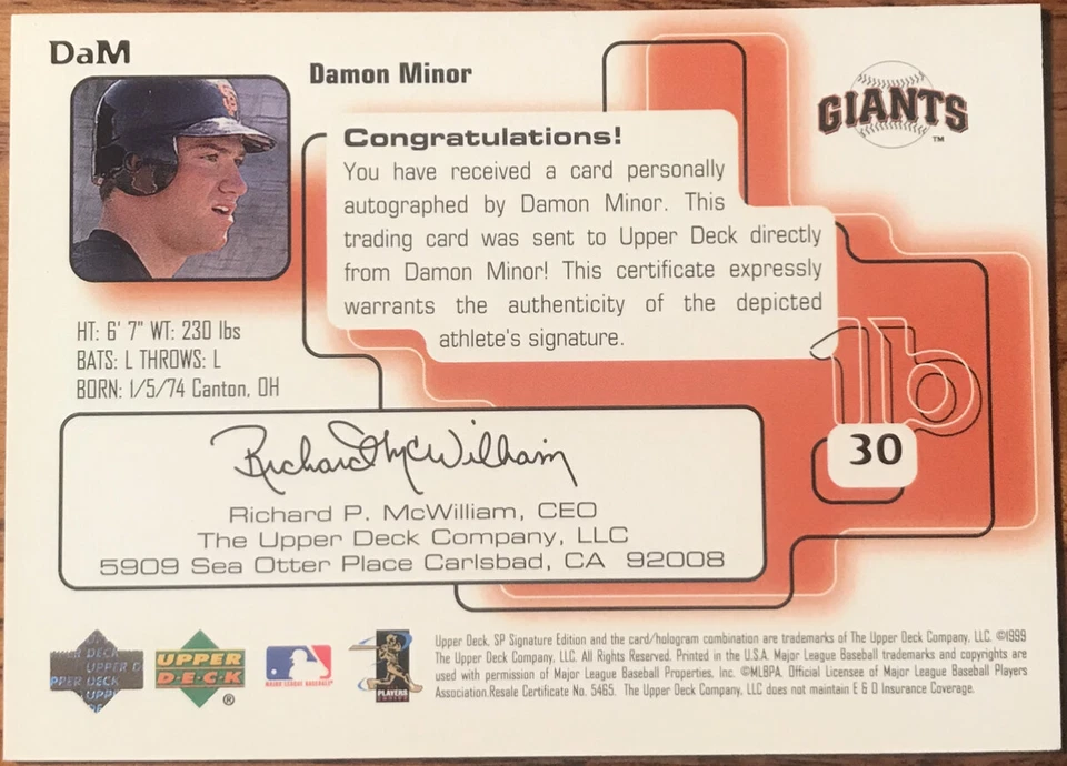 1999 SP Signature Edition Autographs Damon Minor #DaM San Francisco Giants - Image 2 of 2