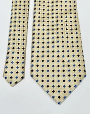 BERGAMO 100% Polyester Classic Yellow Gold Blue Black Squares Geometric Mens Tie