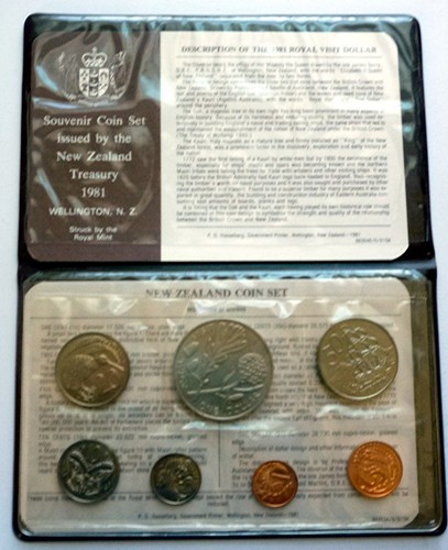 1981 NEW ZEALAND - OFFICIAL MINT BU SET (7) w/ ROYAL VISIT $1 - ROYAL MINT PKG