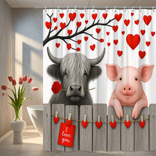 Cute Farm Animal Shower Curtain with Hearts - Black and Pink Design