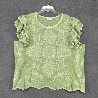 Solitaire Top Womens Plus 2X Green Embroidered Classy Short ruffle Sleeve Blouse