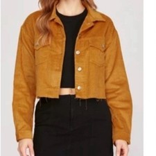 SHE SKY Corduroy Cropped  NEW Jacket Amber Brown Button Raw Hem Size L