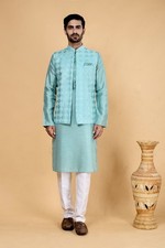 3 Pc Indian Mens Ethnic Eid Bollywood Wear Traditional Kurta Payjama Jacket Set