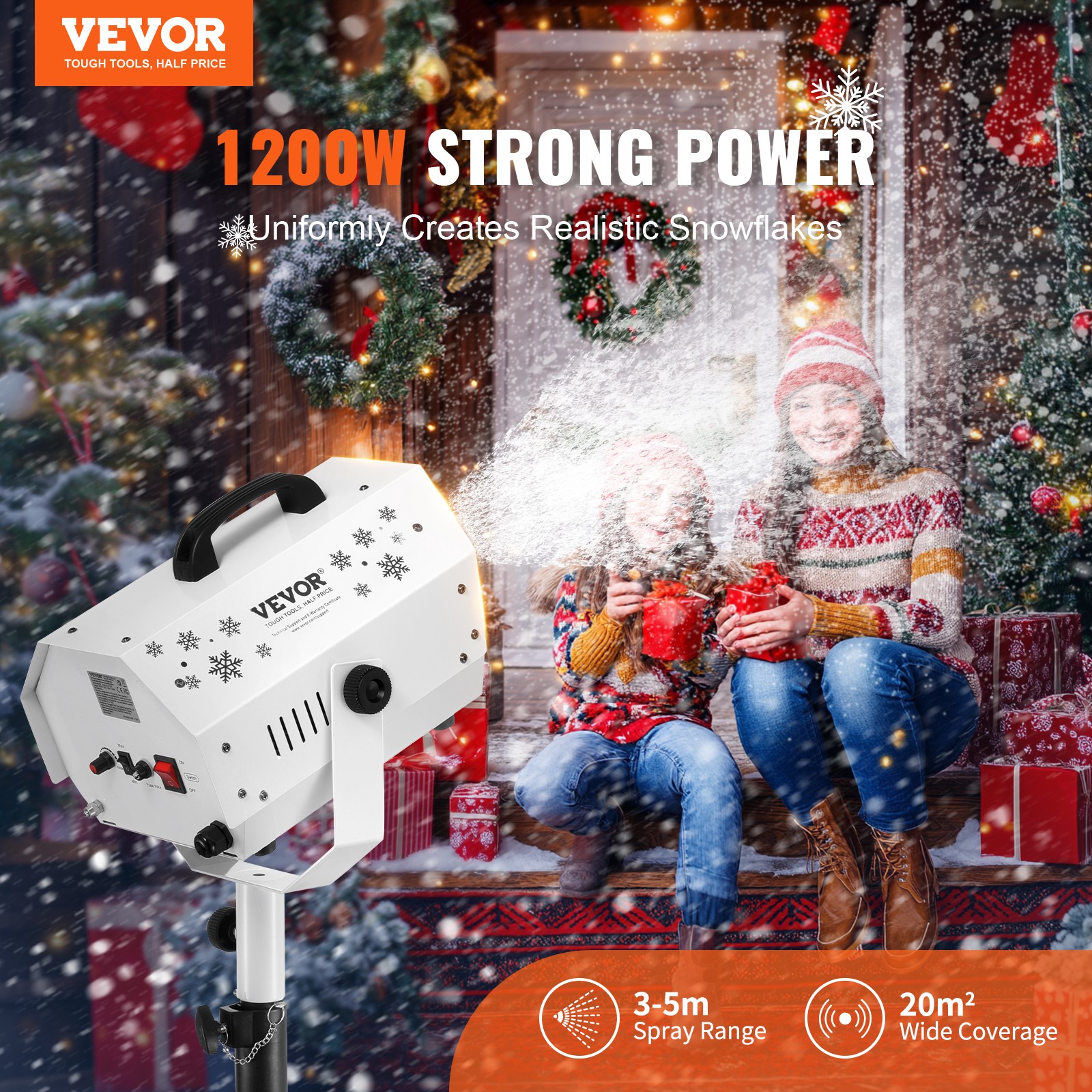 Machine à neige 1200W VEVOR à fort débit et trépied ajustable pour soirée
