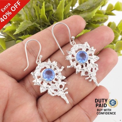 925 Sterling Silver Round Tanzanite Gemstone Dangle Drop Trendy Earrings Jewelry