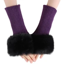 Winter Women Fingerless Gloves Knitted Arm Warmers Hand Mittens Purple