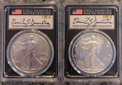 SET of 2022 PCGS MS70 & PR70 First Day of Issue Silver Eagles - Damstra Signed - Image 1 of 4