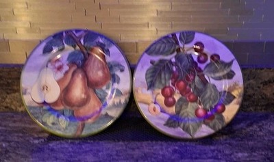 Set of 2 Villa de Este 8.5  Hand Painted Fruit Plates - Cherry Tree & Pear Tree
