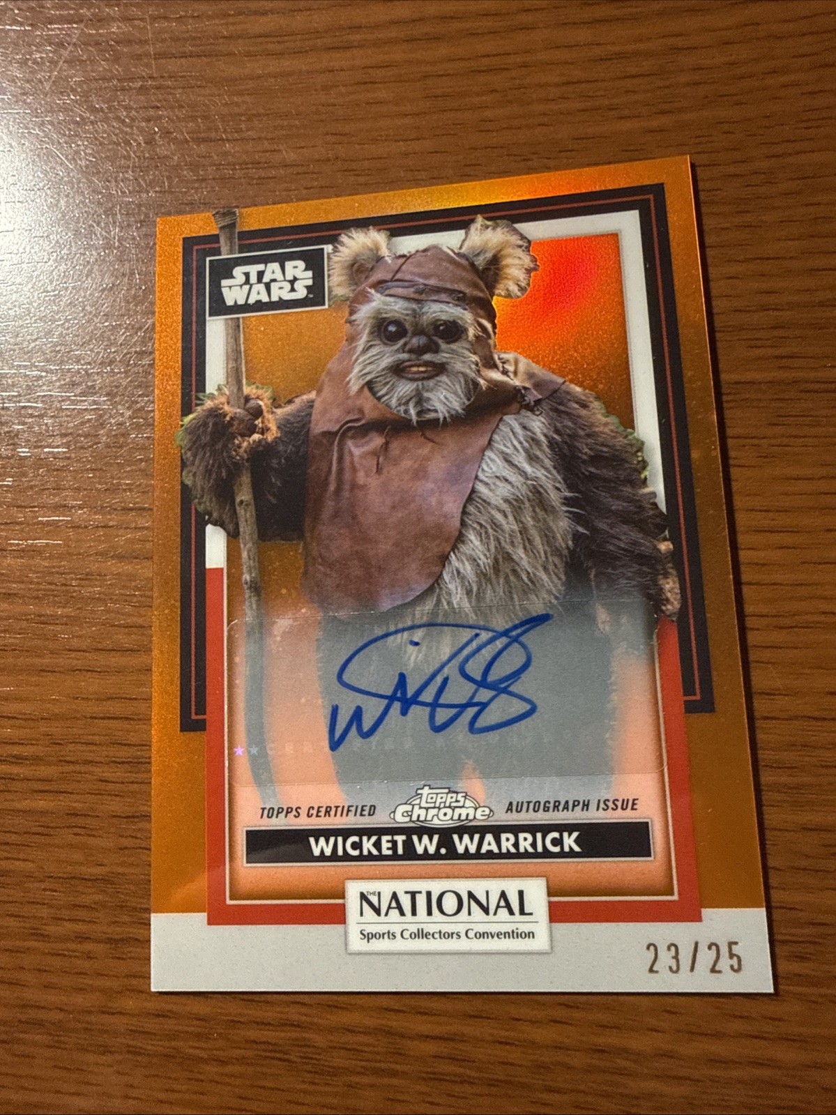 2026 National Topps Chrome Star Wars Wicket Warwick Davis Orange Auto /25 view 3