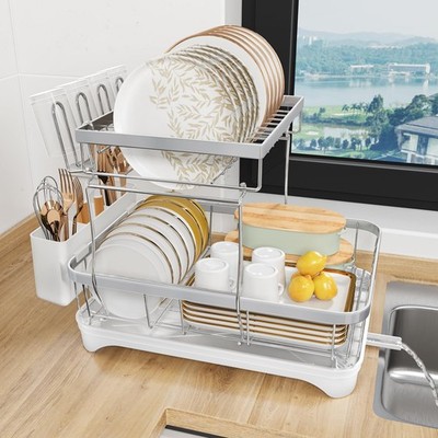 Dish Drying Rack for Kitchen Counter 2-Tier 304 Stainless Steel Dish Rack wit...