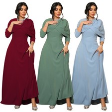 Elegant Muslim Maxi Dresses Women O Neck Shawl Pearl Diamond High Waist Abaya