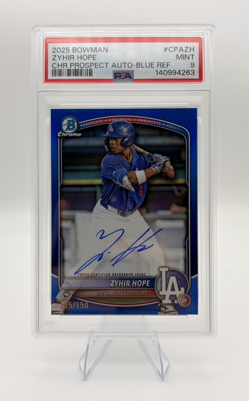 2025 Bowman Chrome Prospect 1st Auto Blue Refractor CPA-ZH Zyhir Hope /150 PSA 9