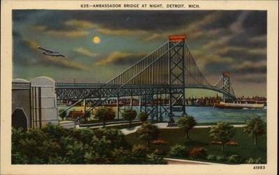 Detroit Michigan Ambassador Bridge night full moon airplane vintage postcard