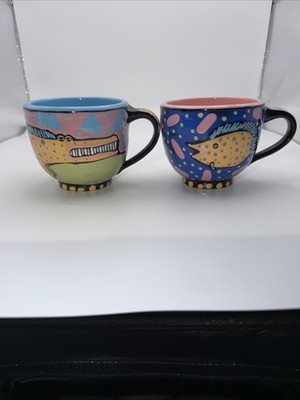 Colorful Abstract Fish Art Coffee Mugs Set of 2 Hand Painted Style Ceramic  Cups | eBay