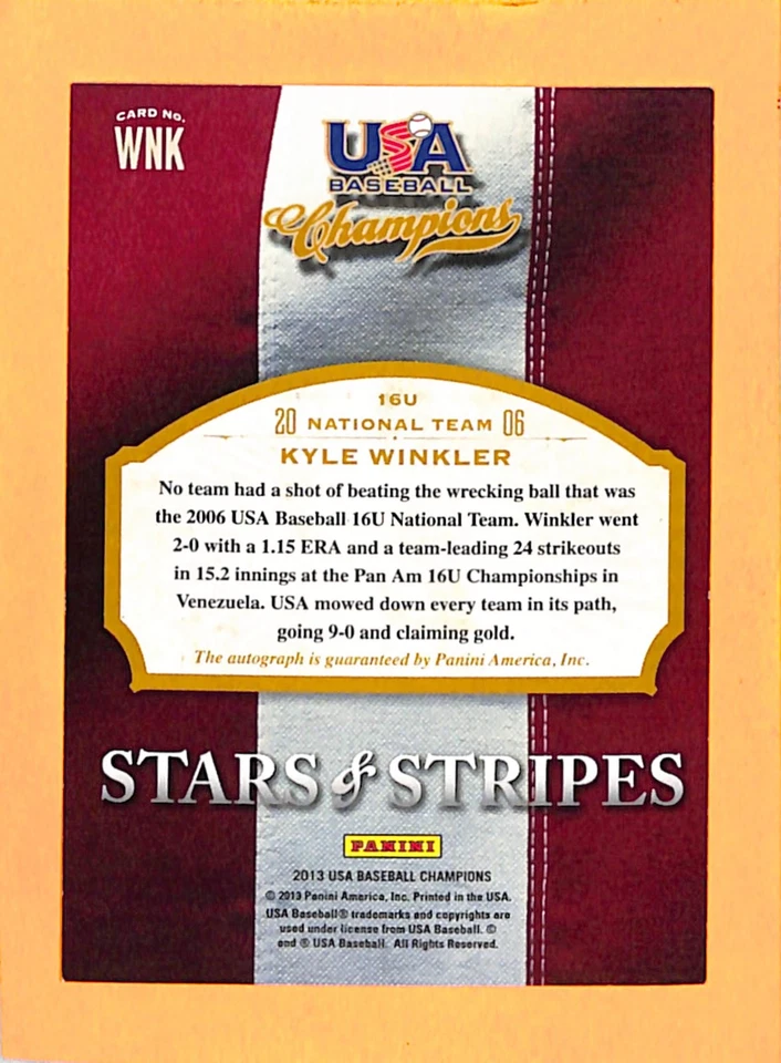 2013 USA Baseball Champions Stars and Stripes #WNK Kyle Winkler Auto #/700 - Image 2 of 2