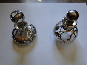 PERFUME BOTTLE PAIR-sterling silver overlay 1920's excellent condition