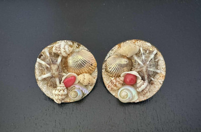 Japan ~ Uniquely Rare Vintage Seashell Statement Clip On Earrings Brass Backing