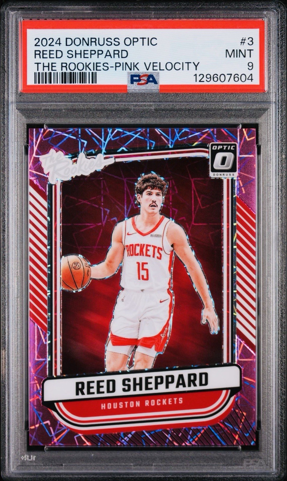 2024-25 DONRUSS OPTIC 3 REED SHEPPARD RC THE ROOKIES PINK VELOCITY 63/79 PSA 9
