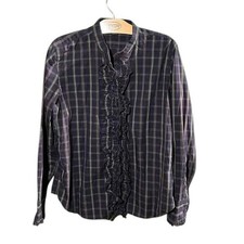  Chaps womens XL blue Plaid Ruffle Front Cotton Shirt Long Sleeve