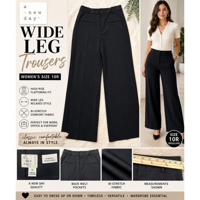 A New Day Wide Leg Dress Pants Size 10R Black High Rise Work Office Career