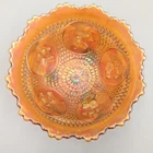 ANTIQE FENTON HORSE HEAD MEDALLION RUFFLE FOOTED BOWL PUMPKIN MARIGOLD