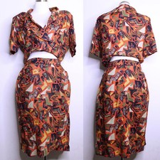 VTG Orange Geometric Two Piece Crop Top Skirt Set - M