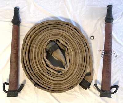 Antique Powhatan B & I WKS. Ranson W VA Fire Hose & 2 Underwriter Brass Nozzles