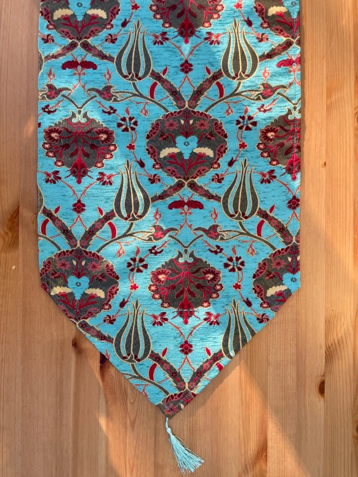 Turquoise Turkish Tulip Floral Pattern Table Runner with Tassels 170cm x 43cm - Image 2 of 4