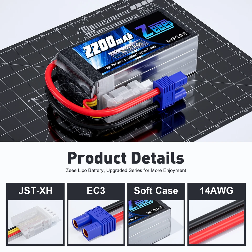 2x Zeee 3S Shorty Lipo Battery EC3 11.1V 50C 2200mAh for RC Car Drone Quad FPV - Image 2 of 4
