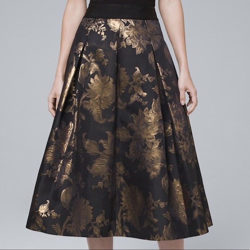 White House Black Market METALLIC-JACQUAR Floral Full Midi Skirt
