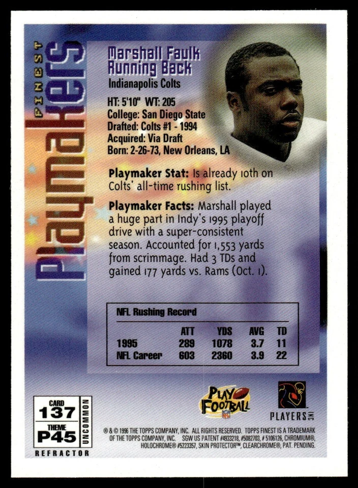 1996 TOPPS FINEST REFRACTOR MARSHALL FAULK #137 - Image 2 of 2