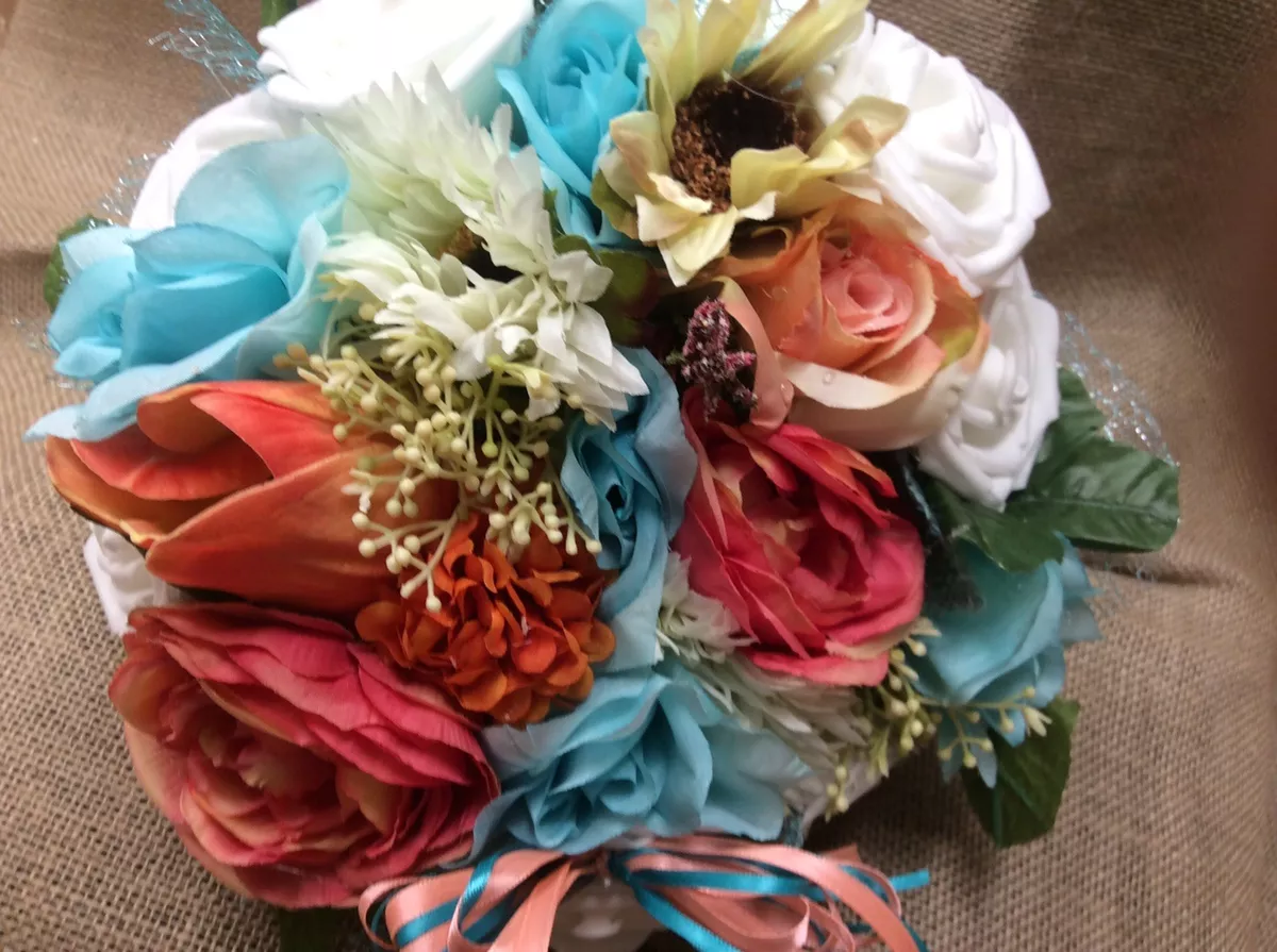 Wedding flowers bridal bouquet decorations coral and turquoise white 7  bouquent