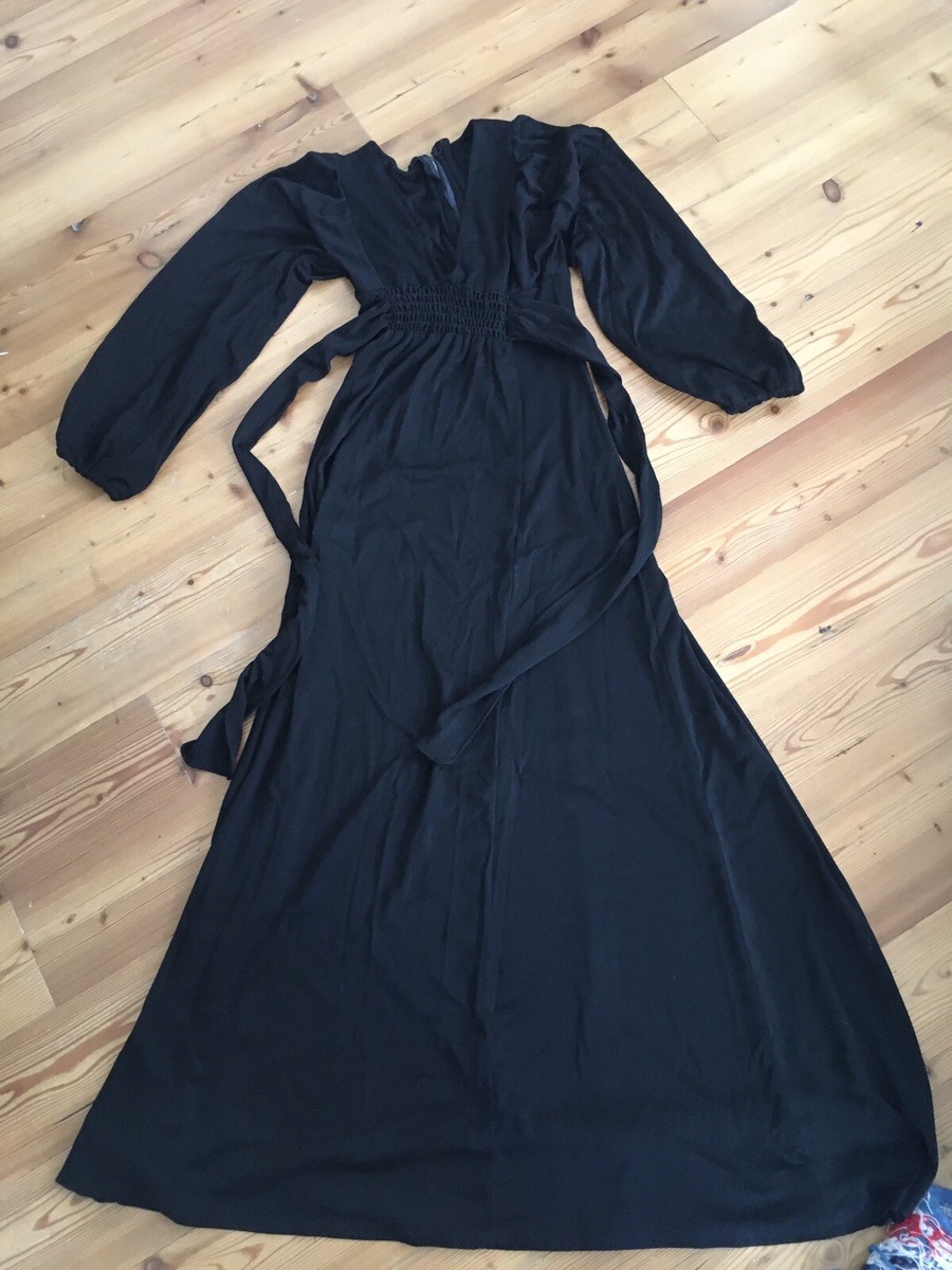 Vintage 70er Ossie Clark Stil Polyester Maxi Kleid Schwarz