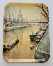 Vtg Fiberglass Tray La Tour Eiffel Et la Seine Print Image Lucien Delarue Paris