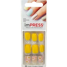 RARE Kiss Nails Impress Press On Manicure Short Gel Yellow White Floral Daisy