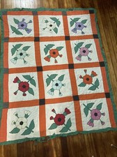 Pretty Vintage Applique Quilt. Poppy Flower Antique Hand Appliqued, Hand Quilted