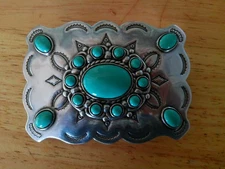 Mounted Stone belt  buckle Silvertone Turquoise with 40" new black leather belt