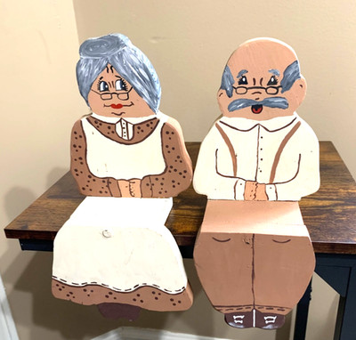 Vintage Wood Old Grandma and Grandpa Shelf Sitters Farm Country Brown Clothes