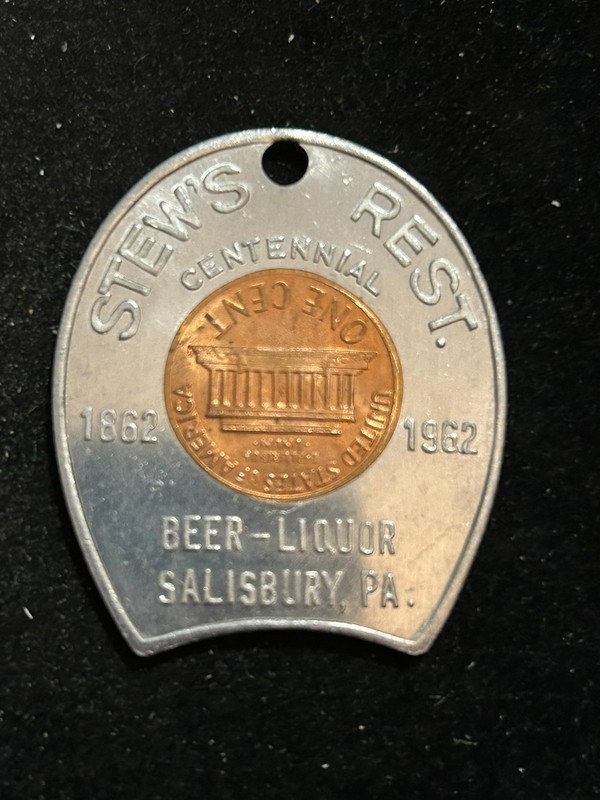 1962D Salisbury Pennsylvania Encased Cent Token Stew's Rest. beer liquor PA258