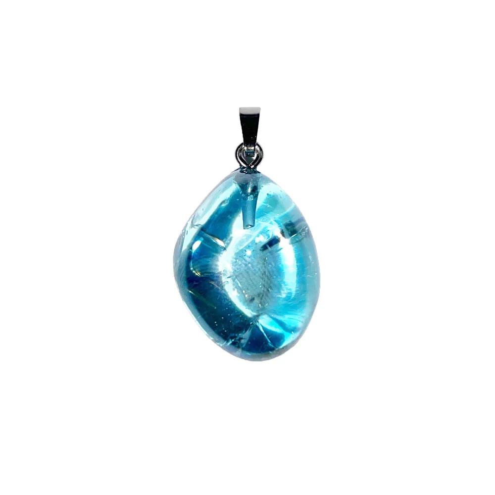 Pendentif Aqua Aura en pierre roulée véritable avec bélière en argent