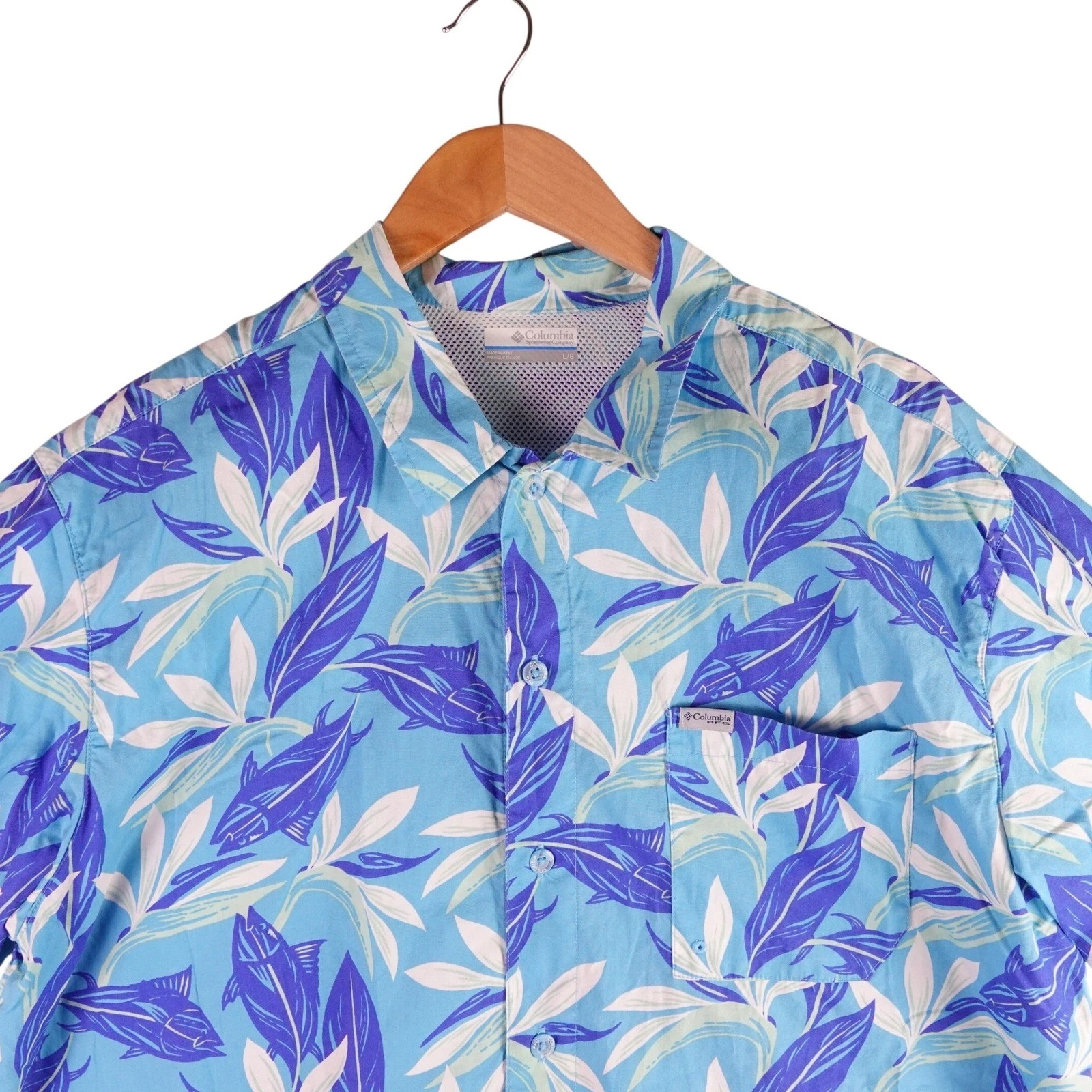 Columbia PFG Mens Blue Tropical Fish Print Short Sleeve Fishing Shirt L
