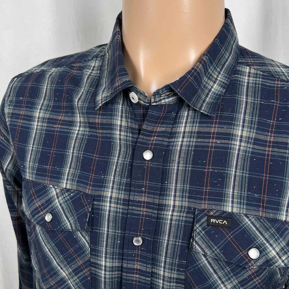 RVCA Mens Medium Navy Blue Nep Fabric Plaid Long Sleeve Western Snap Front Shirt - Image 2 of 4